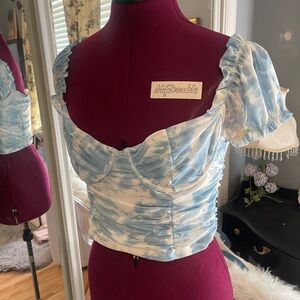 Sky Blue Tie-Dye Puff Sleeve Crop Top